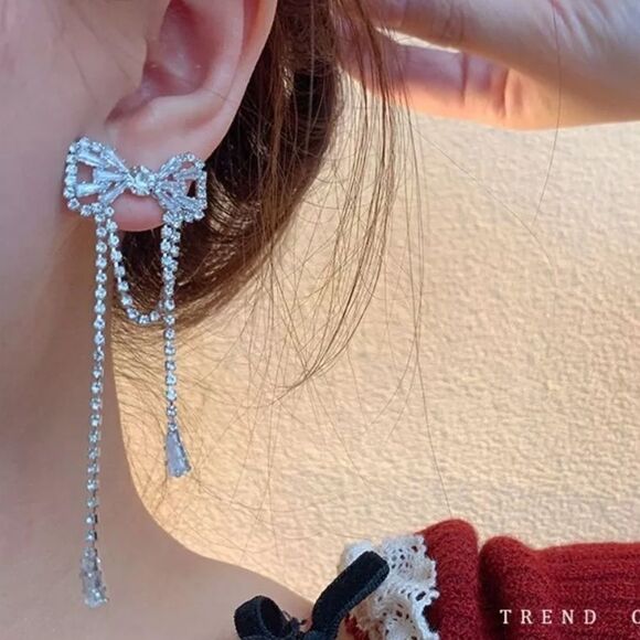 925 Silver Bow Retro Tassels Simulated Diamond Long Earrings Hypoallergenic - Picture 2 of 7